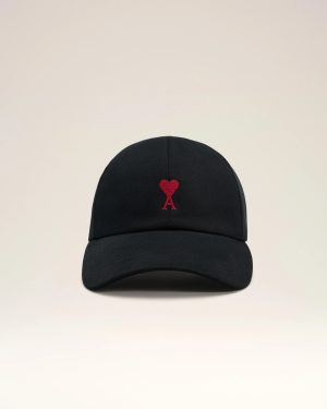 Front view of a black baseball cap with a red heart and letter A embroidered on the front panel.