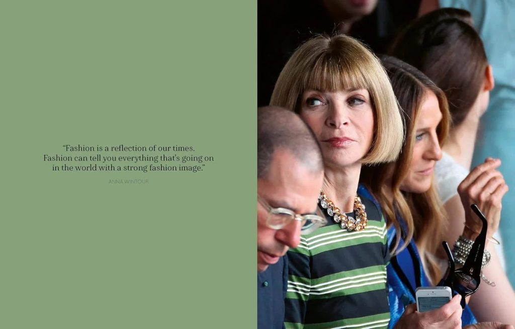 Two-panel image: left green panel with Anna Wintour quote about fashion; right shows a group of people at a fashion event, including a woman with a blonde bob wearing a striped shirt and statement necklace.