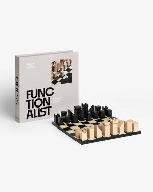 Box labeled 'FUNCTIONALIST' beside a minimalist chessboard with black and natural wood pieces