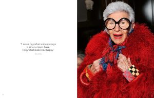 Two-page spread: left side displays an Iris Apfel quote; right side shows Iris Apfel in oversized round glasses and a bright red fur coat with colorful accessories.