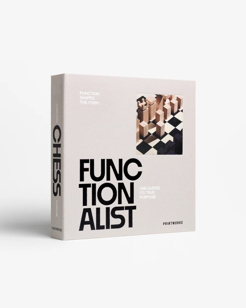 Product packaging for 'FUNCTIONALIST' with bold stacked typography, small wooden-block mosaic image, and 'PRINTWORKS' on a light beige box.