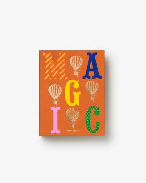 Orange book cover with large multicolored letters spelling M A G I C and drawings of beige hot air balloons between the letters.