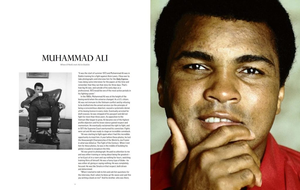 Left shows a magazine feature with the word 'MUHAMMAD ALI' and a black‑and‑white photo; right is a close‑up color portrait of a thoughtful man.