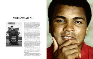 Left shows a magazine feature with the word 'MUHAMMAD ALI' and a black‑and‑white photo; right is a close‑up color portrait of a thoughtful man.