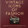 Book cover titled 'Vintage Icons of Fashion' on a burgundy background with a small black quilted handbag and gold chain in the center.
