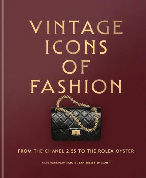 Book cover titled 'Vintage Icons of Fashion' on a burgundy background with a small black quilted handbag and gold chain in the center.