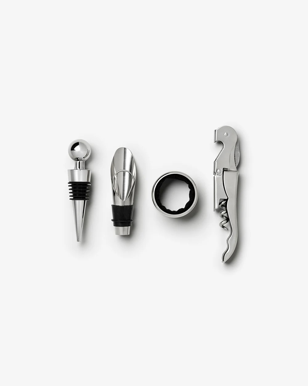 Image 200 - New Trend Set of stainless steel wine accessories: stopper, pourer, foil cutter, and corkscrew arranged in a row