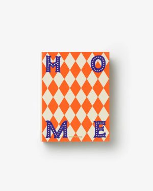 Book cover with orange and white diamond pattern and bold blue letters spelling HOME