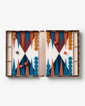 Open backgammon board with orange and blue checkers, red dice, and a black die on the left; game ready for play.