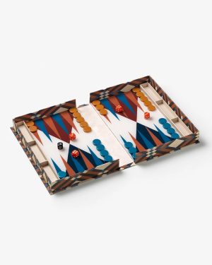 Open backgammon set with orange and blue checkers and red dice on a geometric-patterned board inside a decorative case.