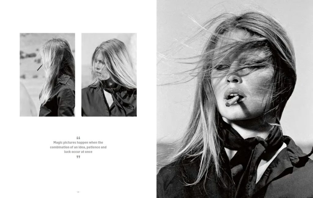 Black-and-white editorial spread: wind-swept woman smoking, large close-up on the right and two smaller portrait crops on the left with a quote in the center.