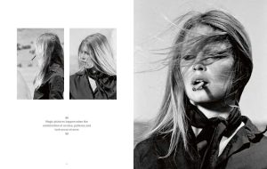 Black-and-white editorial spread: wind-swept woman smoking, large close-up on the right and two smaller portrait crops on the left with a quote in the center.