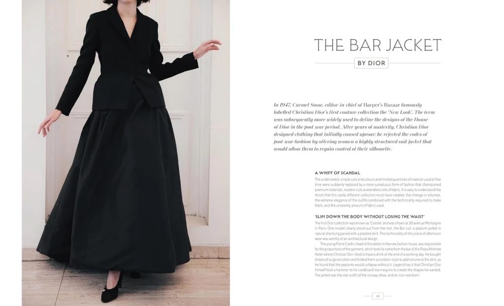 Woman in a black tailored blazer and long skirt posing indoors; 'The Bar Jacket by Dior' branding on the right side of the spread.