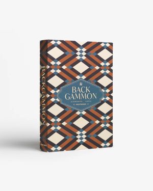 Front cover of a book with a brown, blue, and cream plaid pattern and a blue label that says BACK GAMMON on a white background surface