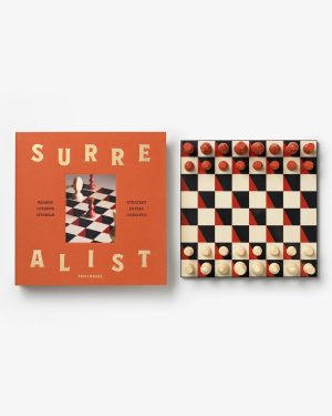 Orange book cover with the word 'SURE ALIST' and a small chessboard photo in the center; next to it a square chessboard with red and cream pieces and a few pieces on the edges.