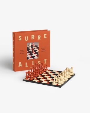 Orange box labeled 'SURREALIST' beside a chessboard with red and white pieces arranged for a game.