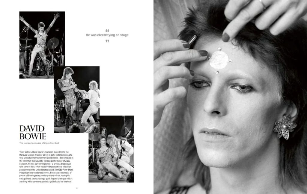 Two-page magazine spread: left page collage of David Bowie Ziggy Stardust photos with a headline; right page black-and-white portrait of a woman having makeup applied to her forehead.