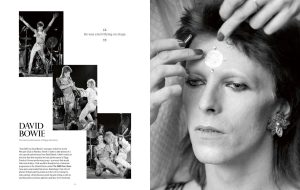Two-page magazine spread: left page collage of David Bowie Ziggy Stardust photos with a headline; right page black-and-white portrait of a woman having makeup applied to her forehead.
