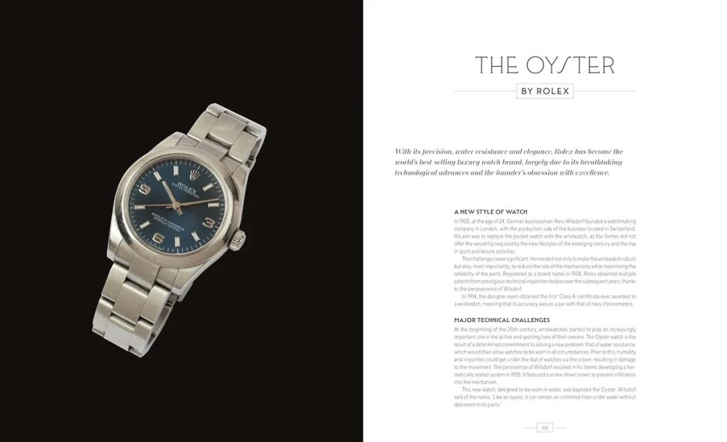 Rolex Oyster watch on a dark background (left) beside a white page with the heading 'The Oyster by Rolex' on the right, in an ad layout.