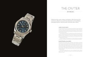 Rolex Oyster watch on a dark background (left) beside a white page with the heading 'The Oyster by Rolex' on the right, in an ad layout.