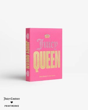 Bright pink box with large gold 'QUEEN' text and a rhinestone 'Juicy' logo, crown above, on a white background; Juicy Couture x PRINTWORKS branding on the bottom edge on the box side.