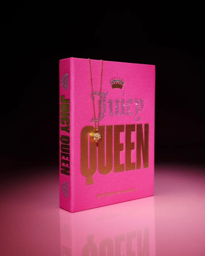 Bright pink hardcover book titled 'QUEEN' with a gold necklace draped over the cover, reflected on a glossy pink surface in a dark studio.