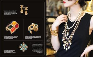 Model in a black dress wearing layered pearl necklaces and a gold bracelet; left panel shows a collage of colorful rings and earrings on a dark background, like a jewelry catalog.