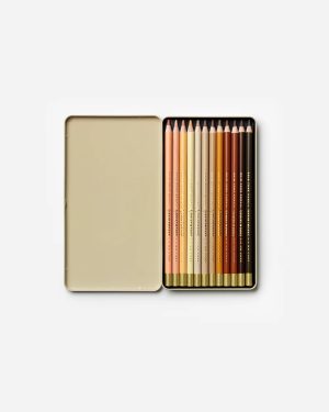 Metal tin open to reveal a row of sharpened colored pencils arranged by color palette inside.