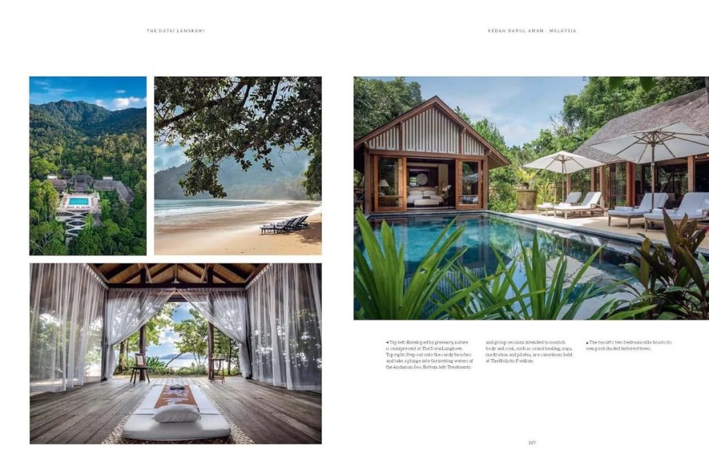 Collage of tropical resort scenes: hillside villa with a pool, a beach with lounge chairs, and a poolside bungalow.