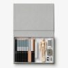 Image 243 - New Trend Open gray art-case showing colored pencils, drawing tools, a wooden mannequin, and small accessories for drawing and modeling.