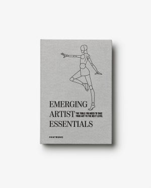 Book cover: 'Emerging Artist Essentials' with a line-drawn mannequin and subtitle about tools to elevate art (Printworks).