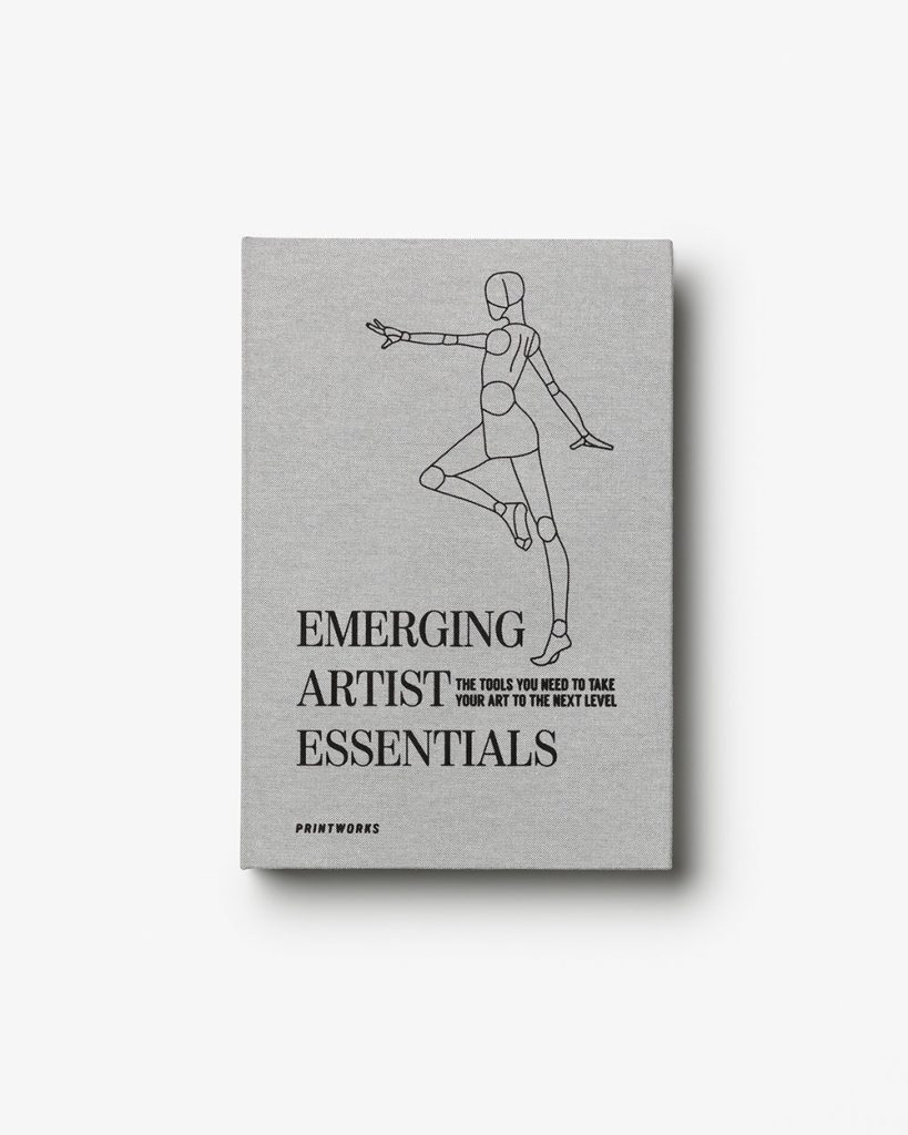 Book cover: 'Emerging Artist Essentials' with a line-drawn mannequin and subtitle about tools to elevate art (Printworks).