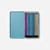 Open metal tin containing 12 colorful drawing pencils arranged in a rainbow spectrum inside a blue case.
