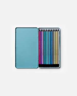 Open metal tin containing 12 colorful drawing pencils arranged in a rainbow spectrum inside a blue case.