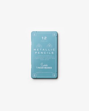 Blue tin labeled '12 Pencils' for metallic pencils, front view of packaging by Printworks (blue metal case).