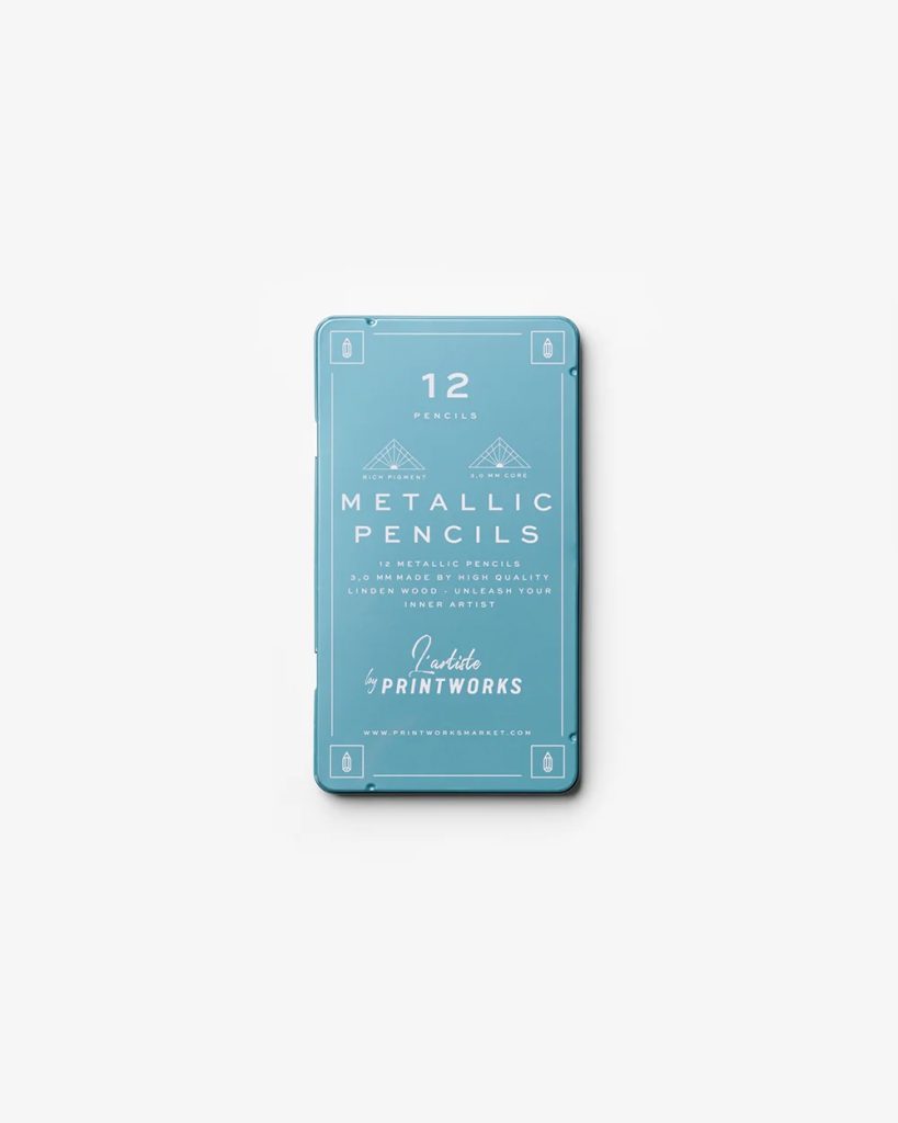 Blue tin labeled '12 Pencils' for metallic pencils, front view of packaging by Printworks (blue metal case).
