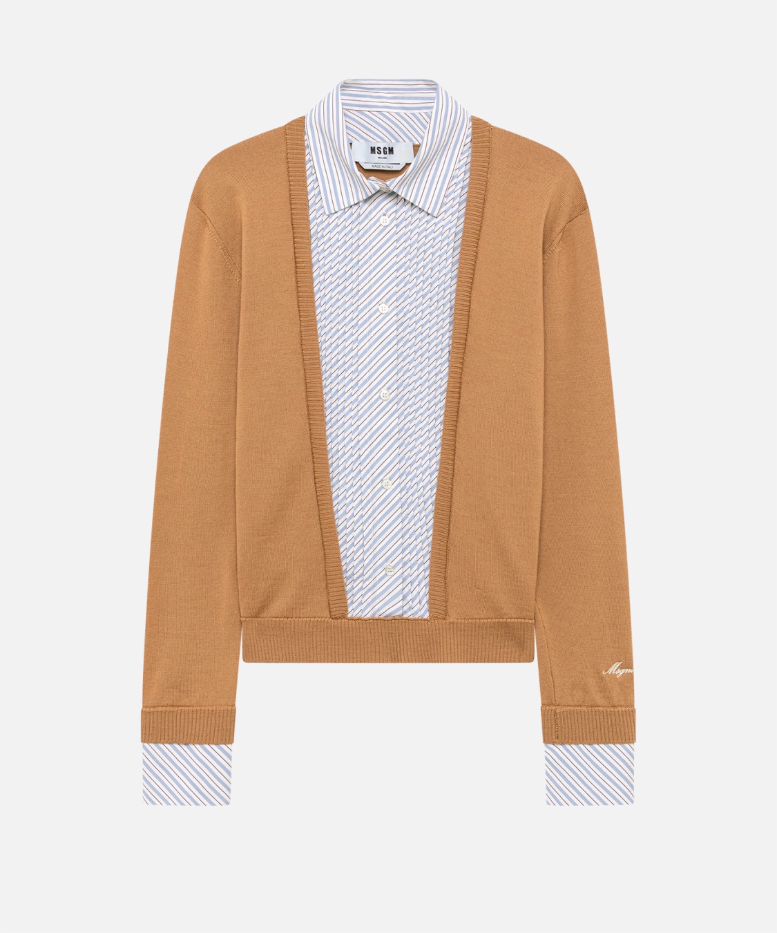 Image 248 - New Trend Camel-colored cardigan over a light blue striped button-down shirt with cuffs showing.