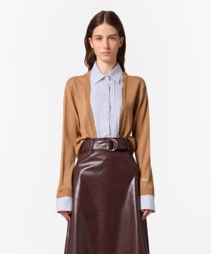 Model wearing a camel cardigan over a blue striped button-down shirt and a brown leather midi skirt with a belt.