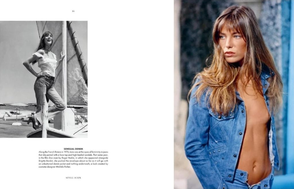 Editorial spread: left page shows a woman posing on a sailboat mast in black and white; right page features a color portrait of a woman in an open blue denim shirt.
