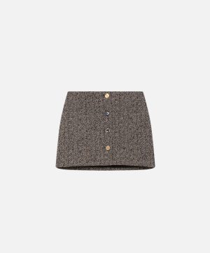 Brown tweed mini skirt with five decorative buttons down the front.