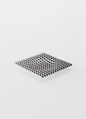 Abstract geometric grid of black triangles forming a square on a white background, creating a subtle 3D illusion in space.