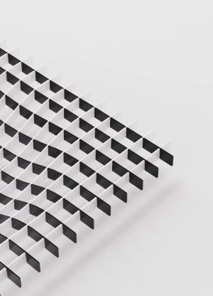Abstract black-and-white diagonal chevron pattern forming a stair-step grid across the frame