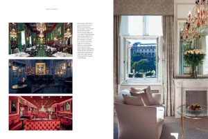 Left page collage shows three luxurious hotel interiors: a green-draped dining room with chandeliers, a blue-toned intimate lounge/bar, and a red-velvet, boxy seating restaurant area. Right page features a bright hotel suite with a large open window, plush seating, a chandelier, a glass coffee table, and a view of an exterior courtyard.