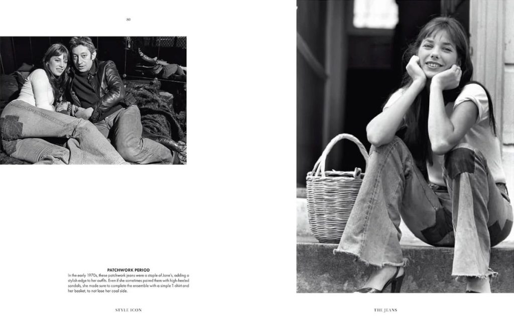 Two-page magazine spread: left panel shows a couple cuddling on a blanket, smiling; right panel features a woman in jeans sitting on steps with a woven basket, captioned 'THE JEANS'.