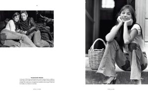 Two-page magazine spread: left panel shows a couple cuddling on a blanket, smiling; right panel features a woman in jeans sitting on steps with a woven basket, captioned 'THE JEANS'.