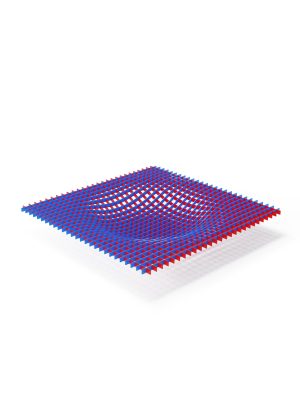 Abstract 3D wave made of blue and red triangular prisms on a white background.