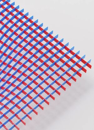 Abstract diagonal grid of blue and red rectangular bars forming a zigzag pattern against a pale background.