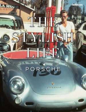 Vintage Porsche speedster with oversized white text 'THE STYLISH LIFE' over it; man stands beside the car on a street.