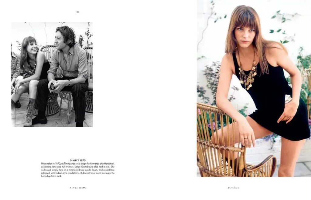 Left: black-and-white photo of a smiling couple seated together; right: model in a black mini dress posing with a wicker chair.