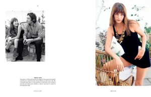 Left: black-and-white photo of a smiling couple seated together; right: model in a black mini dress posing with a wicker chair.